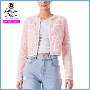 Alice + Olivia Noella Pink White Crew Neck Cropped Cardigan Sweater